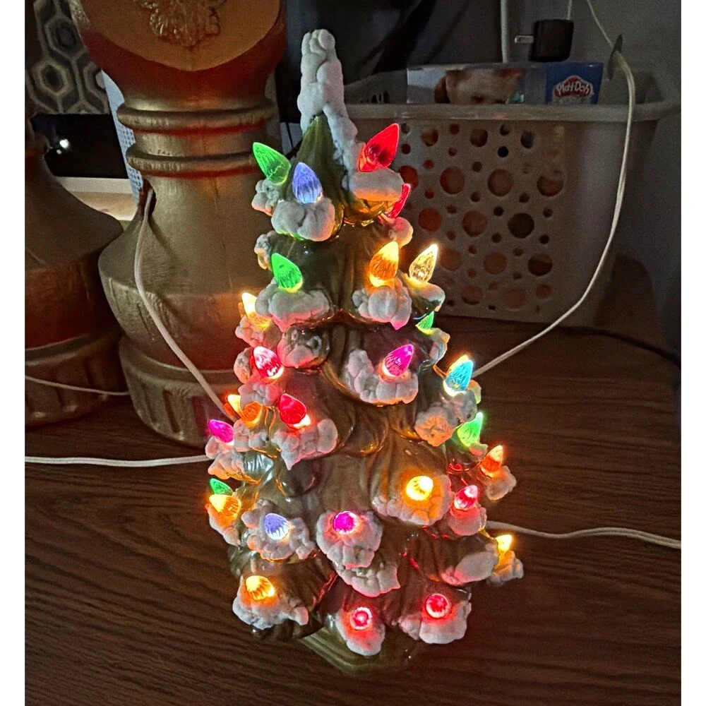 Ceramic Pre-Lighted Christmas Tree Green/Multicolor 11 in holland mold